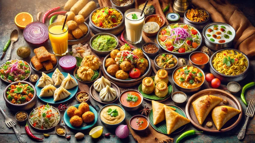 A table set with various Indian and Nepali dishes, showcasing a colorful array of traditional foods from Nepali Kitchen.